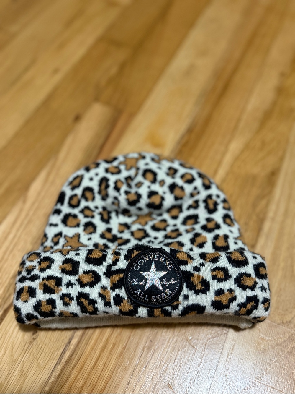 Converse All Star Leopard Print Knit Beanie Hat Cuffed One Size Youth